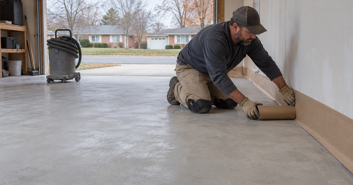 A crew member running masking paper along the drywall of a DeKalb garage before the floor is coated.