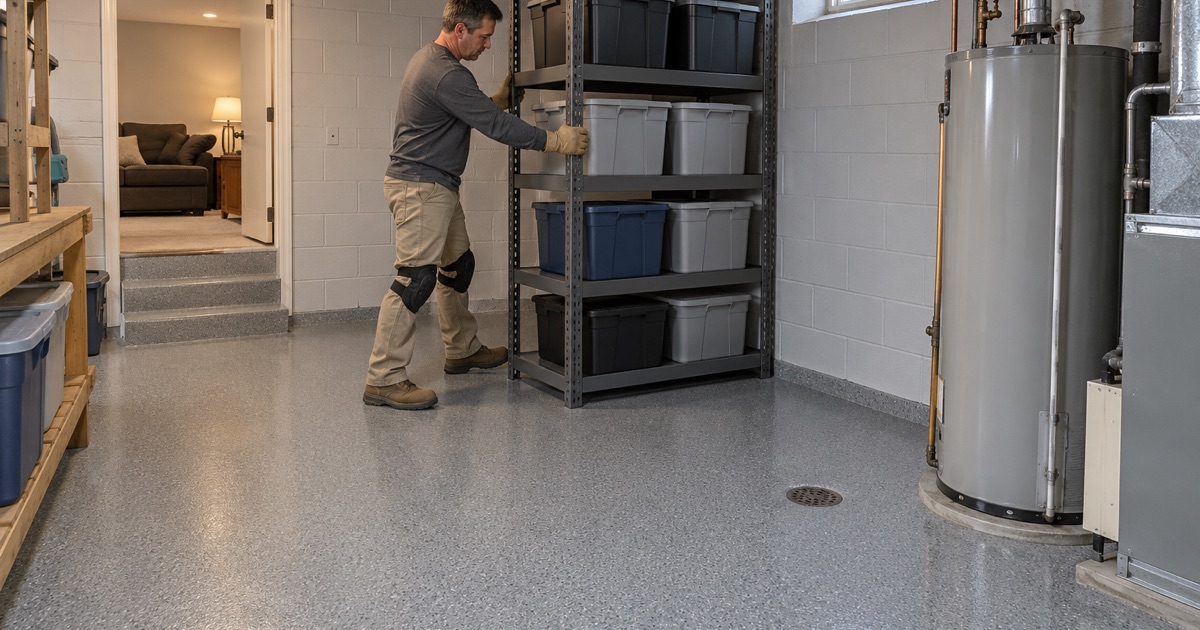 A steel shelving unit slid back against the block wall on a new gray epoxy basement floor in a DeKalb home.