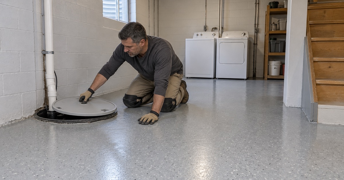 A sump basin lid set back in place on a newly coated light gray basement floor in a DeKalb ranch house.
