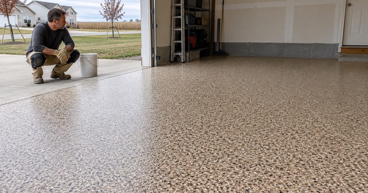 A finisher crouching on the apron to look across a fresh tan, brown and cream flake broadcast in a DeKalb garage.