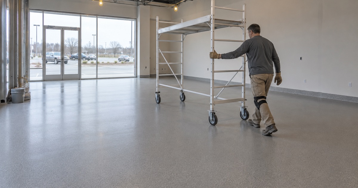 A rolling scaffold moved across a newly coated tenant space floor in a DeKalb shopping center.