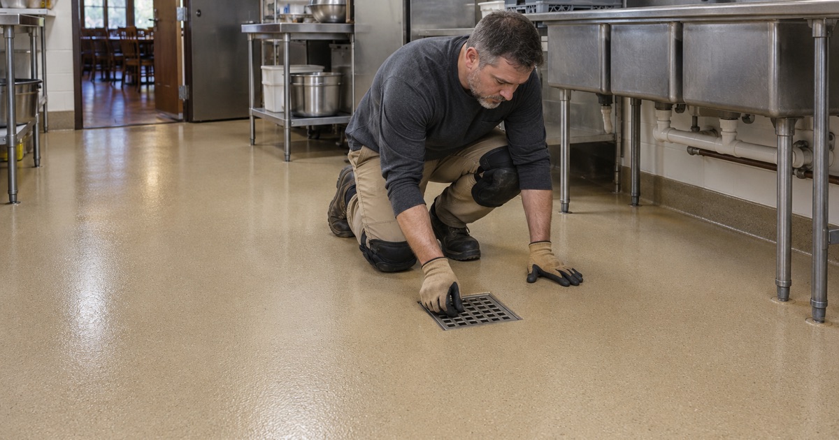 A stainless drain grate set flush into a new urethane cement floor in a DeKalb restaurant kitchen.