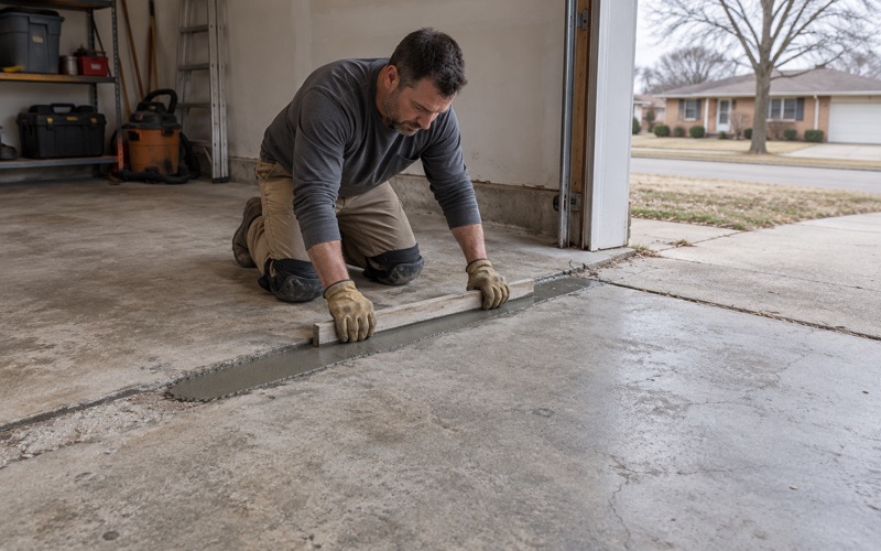 A wooden screed board drawn across a filled spall at a garage slab joint in DeKalb to check it sits flush.