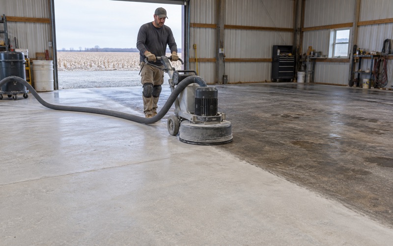 A walk-behind grinder opening up the slab of a farm shop near DeKalb, half ground pale and half still dark.