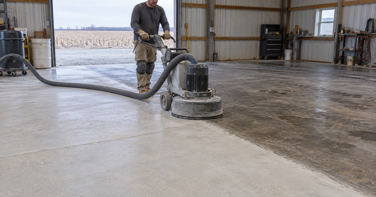 A walk-behind grinder opening up the slab of a farm shop near DeKalb, half ground pale and half still dark.