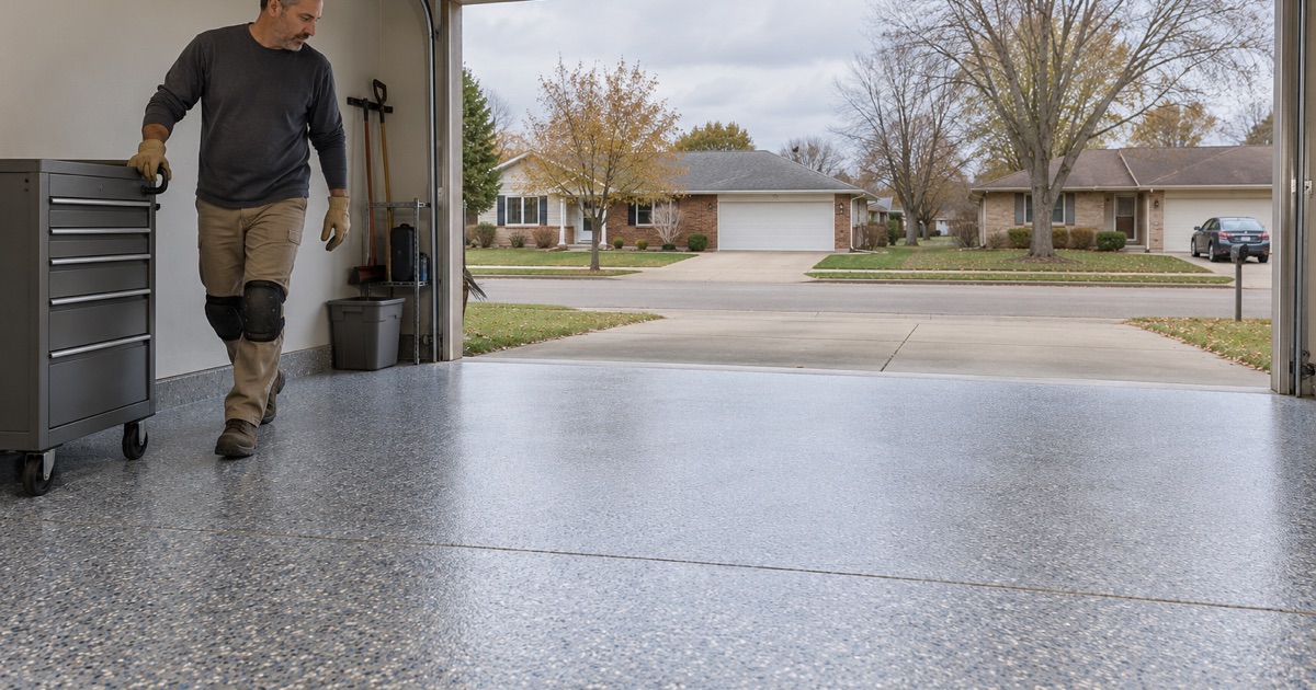A rolling tool chest wheeled back along the wall of a new blue-gray flake garage floor in a DeKalb ranch house.