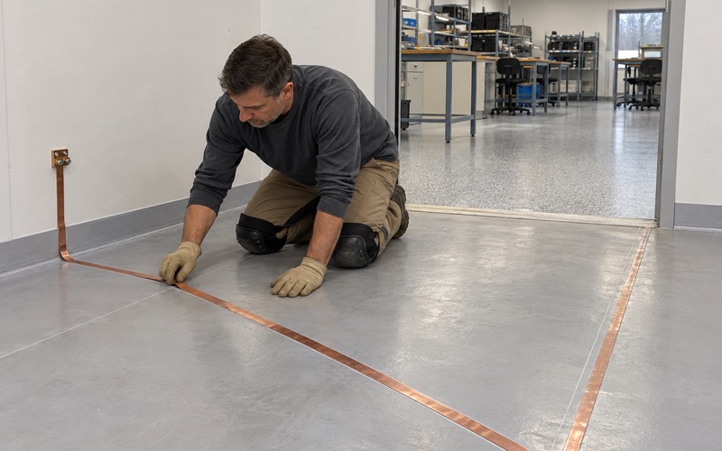 A copper grounding strip pressed onto a primed slab before the static-control floor goes down in a DeKalb electronics room.