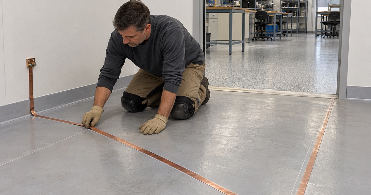 A copper grounding strip pressed onto a primed slab before the static-control floor goes down in a DeKalb electronics room.