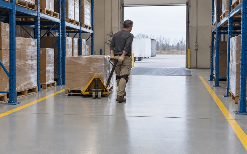 A pallet jack pulled down a striped aisle on a new gray epoxy floor in a distribution warehouse near DeKalb.