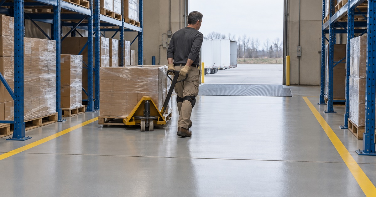 A pallet jack pulled down a striped aisle on a new gray epoxy floor in a distribution warehouse near DeKalb.