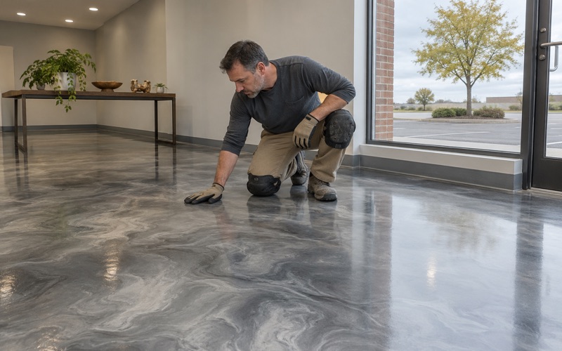 A finisher's flat palm on a cured silver and charcoal metallic epoxy floor in a DeKalb showroom.
