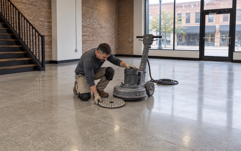 A diamond polishing pad set down beside a planetary polisher on a polished gray concrete floor in a DeKalb storefront.