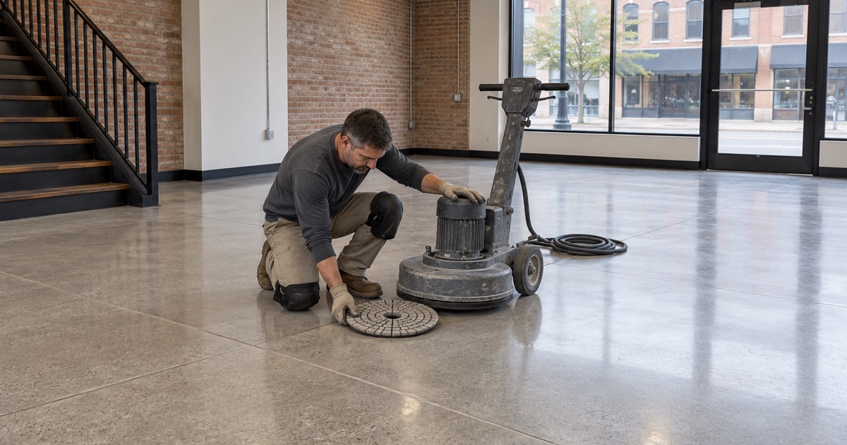 A diamond polishing pad set down beside a planetary polisher on a polished gray concrete floor in a DeKalb storefront.