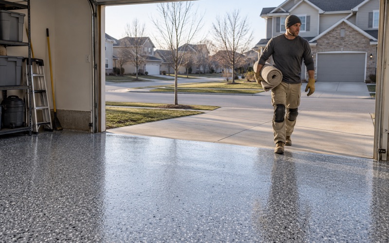 A rolled drop cloth carried out of a DeKalb garage across the apron after a one-day polyaspartic flake install.
