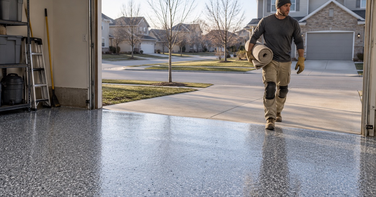 A rolled drop cloth carried out of a DeKalb garage across the apron after a one-day polyaspartic flake install.