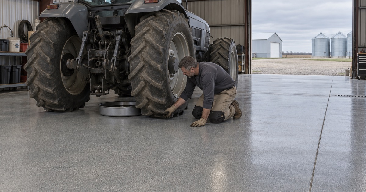 A drain pan slid under a parked tractor on the coated floor of a machine shed outside DeKalb.