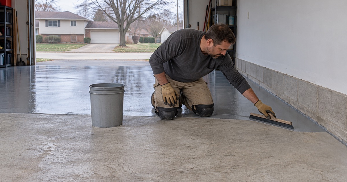 A gray base coat pulled into the wall corner with a hand squeegee on a freshly ground garage slab in DeKalb.